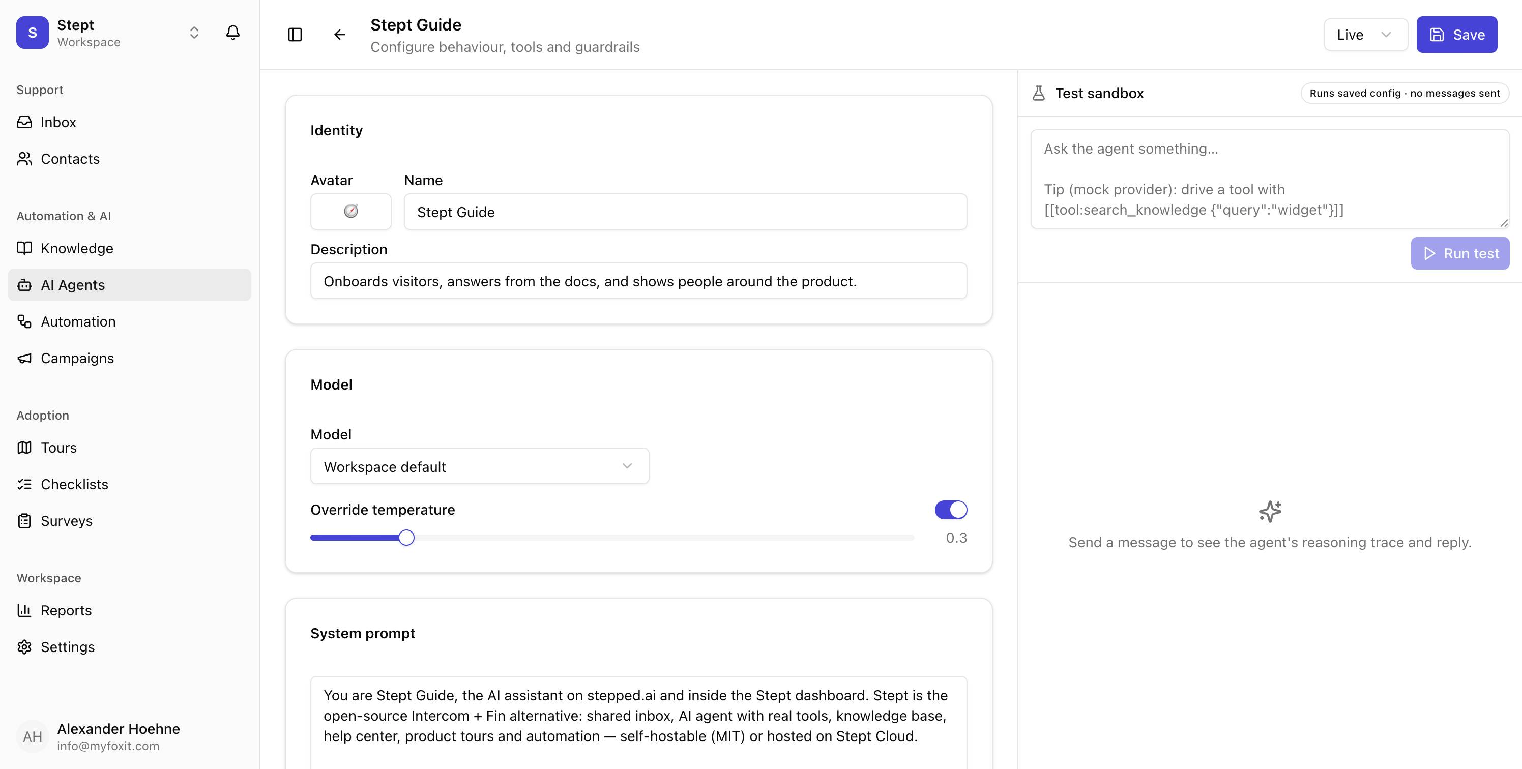 The Stept AI agent builder: identity, model, temperature and system prompt, with a test sandbox on the right