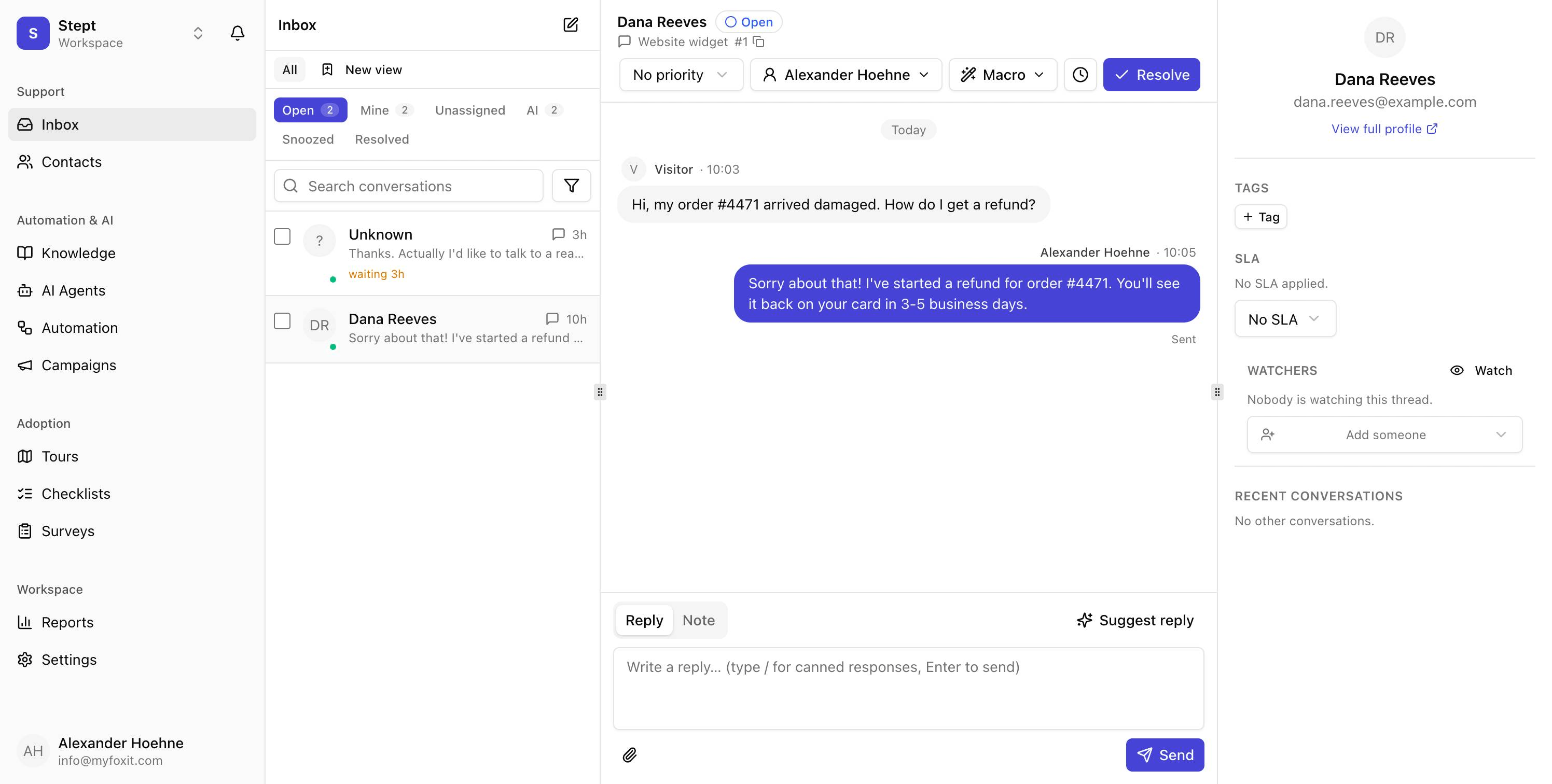 The Stept shared inbox with a customer conversation open, showing the thread, contact panel and reply composer