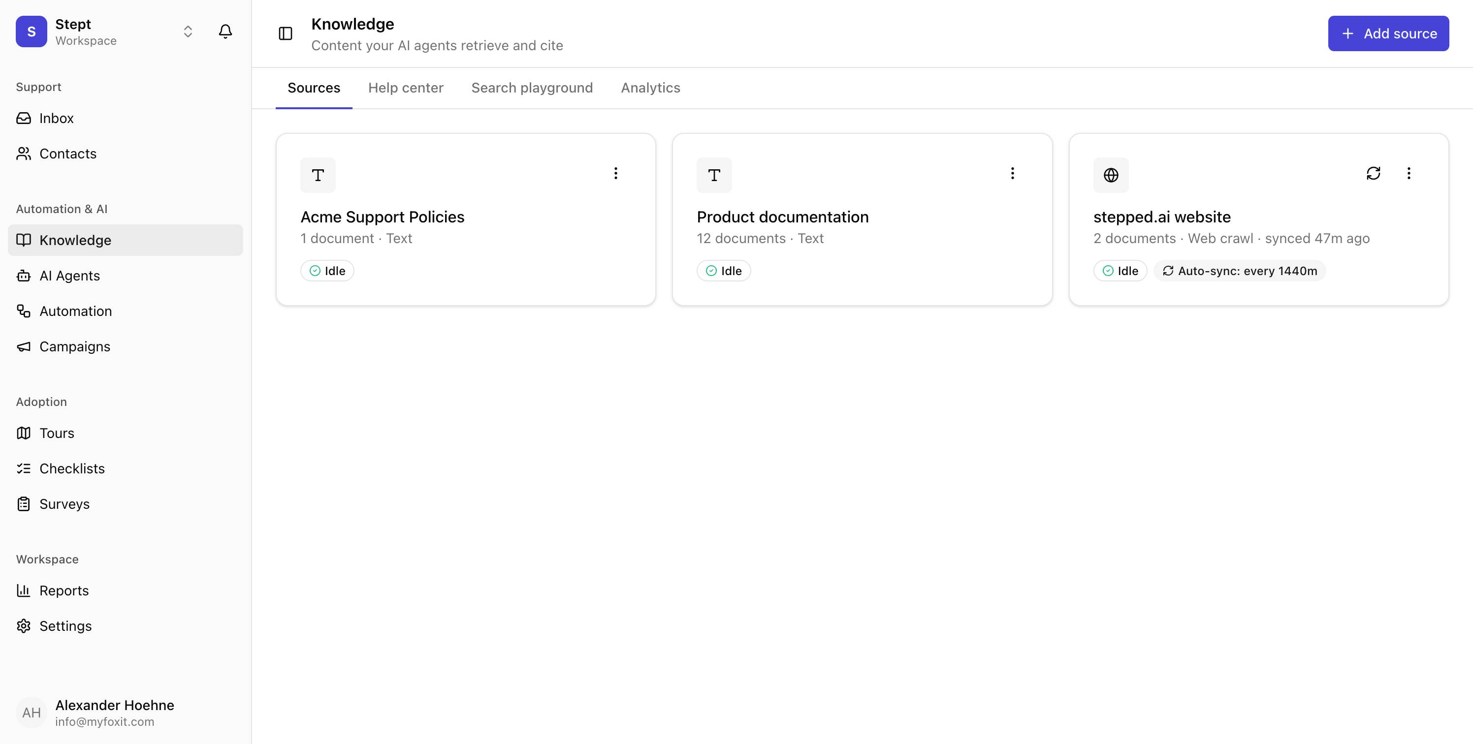 The Stept knowledge base listing sources and indexed documents