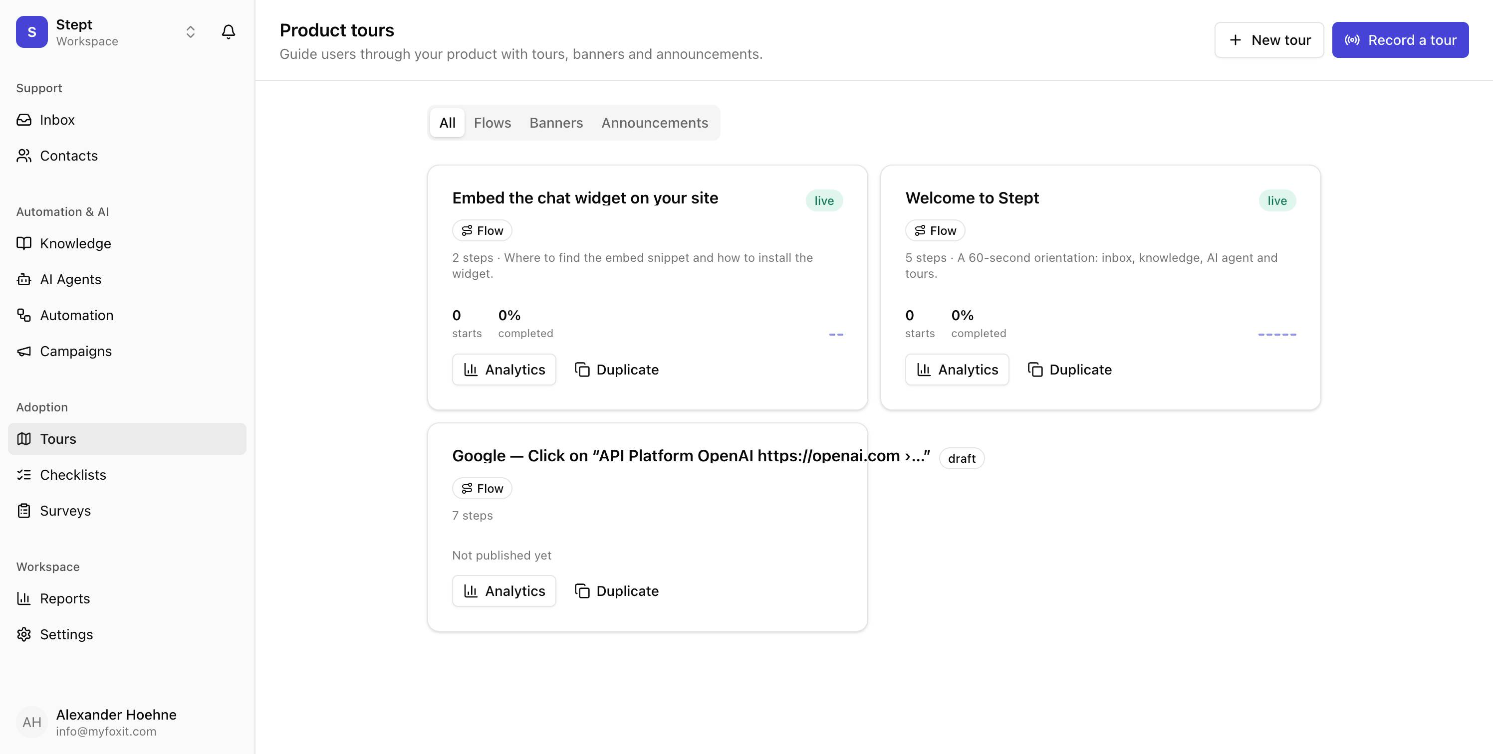 Product tours in Stept, showing published tours with step counts and completion analytics